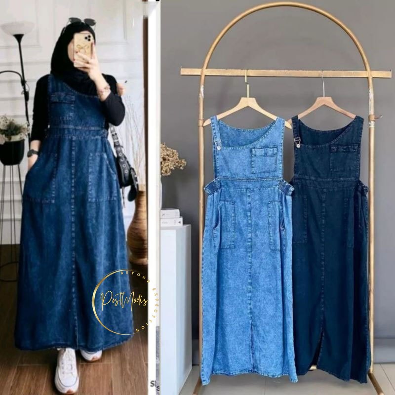SHERINA LEA OVERALL JEANS CARGO WANITA KIRANA JAMSUIT KODOK ROK ASIMETRIS KEKINIAN LEBARAN