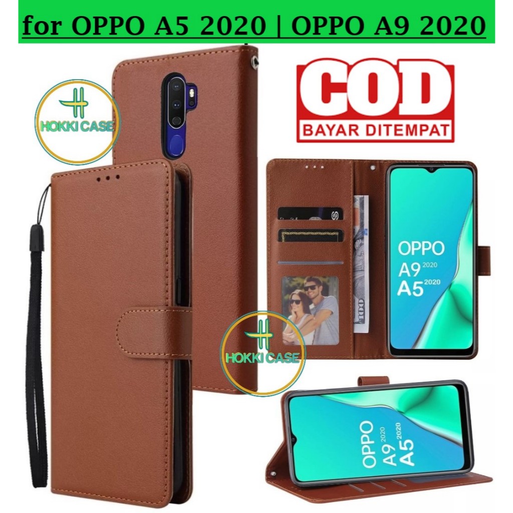 Casing OPPO A9 2020 / A5 2020 model flip buka tutup case kulit ada tempat foto dan kartu juga tali h