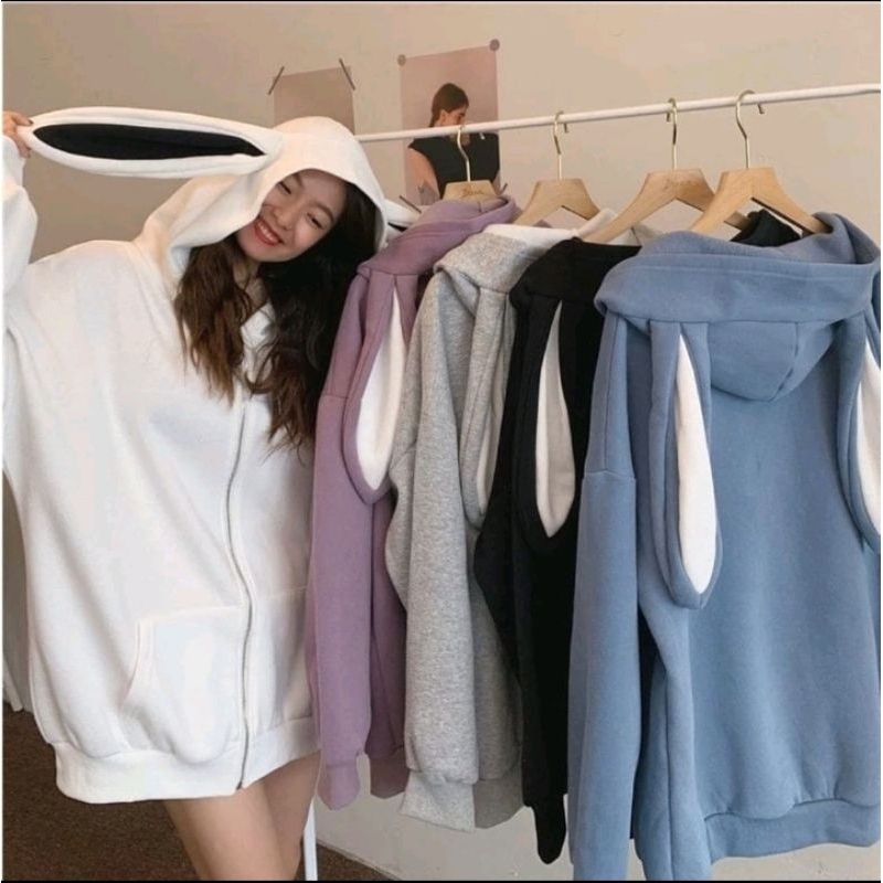 Sweater Hoodie Lucu Zipper Rabbit Oversize Sweater Hoodie Wanita Style Korea