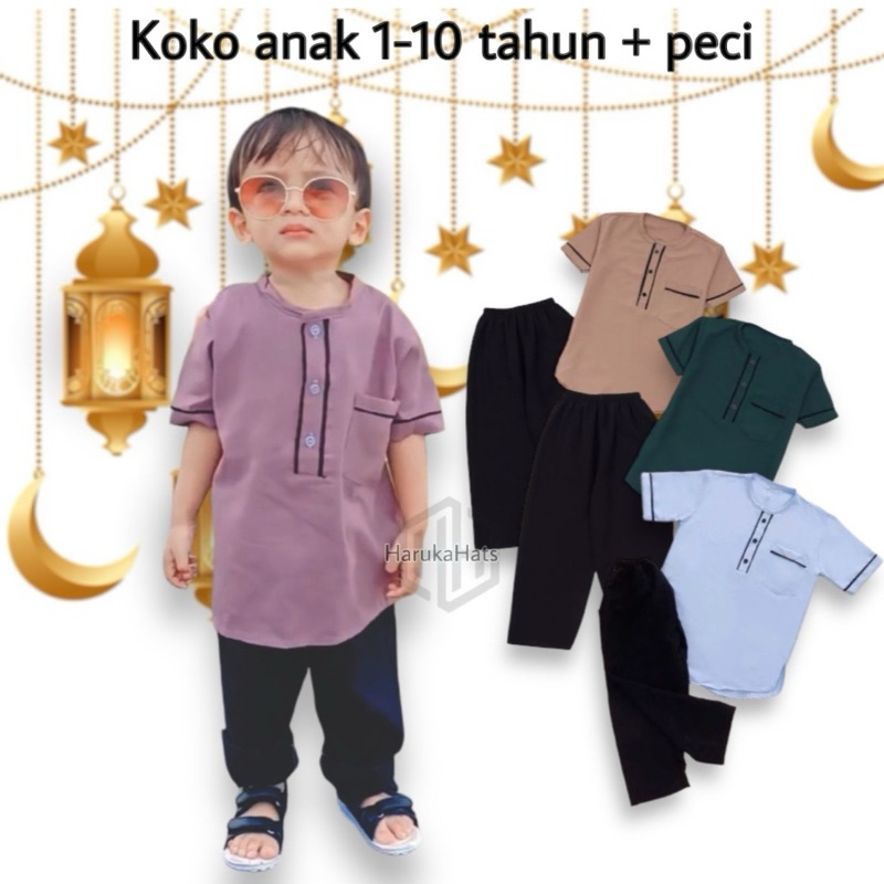 Baju koko anak lilac laki laki usia 1-10 tahun model pakaian muslim imam mengaji plus peci