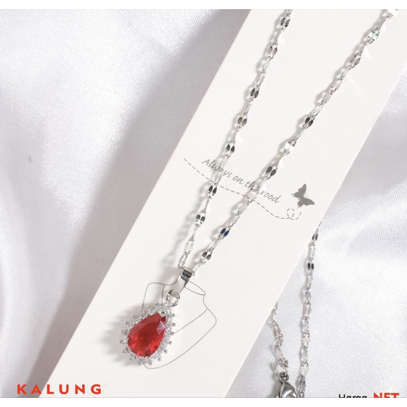 Kalung titanium wanita liontin batu merah kalung fashion korea liontin batu putih