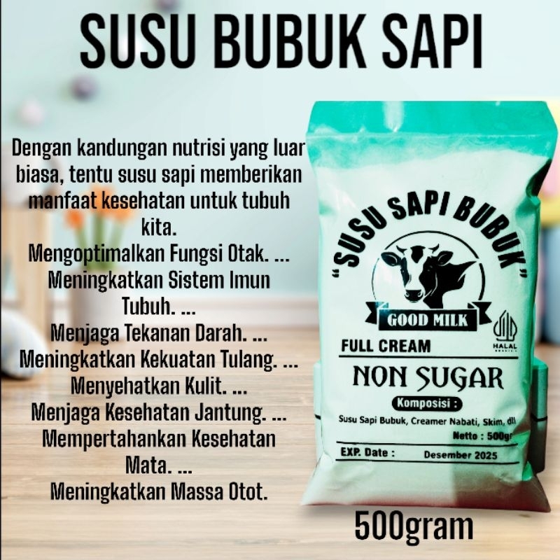 

susu bubuk sapi fullcream Non sugar (Tawar/plain) netto 500gram