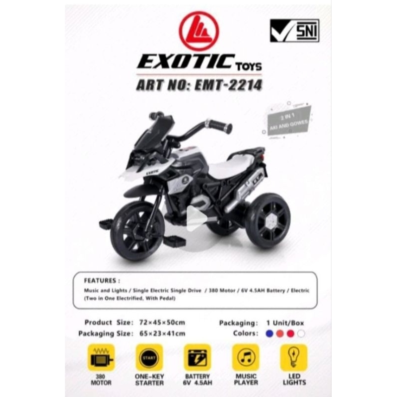 Sepeda Motor Aki Anak Desain Motor, Musik & Lampu, Aman untuk Anak 1-5 Tahun goes 2in1 Exotic EMT 22