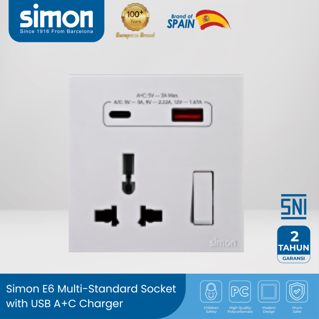 Simon E6 Multi-Standard Socket with USB A+C Charger