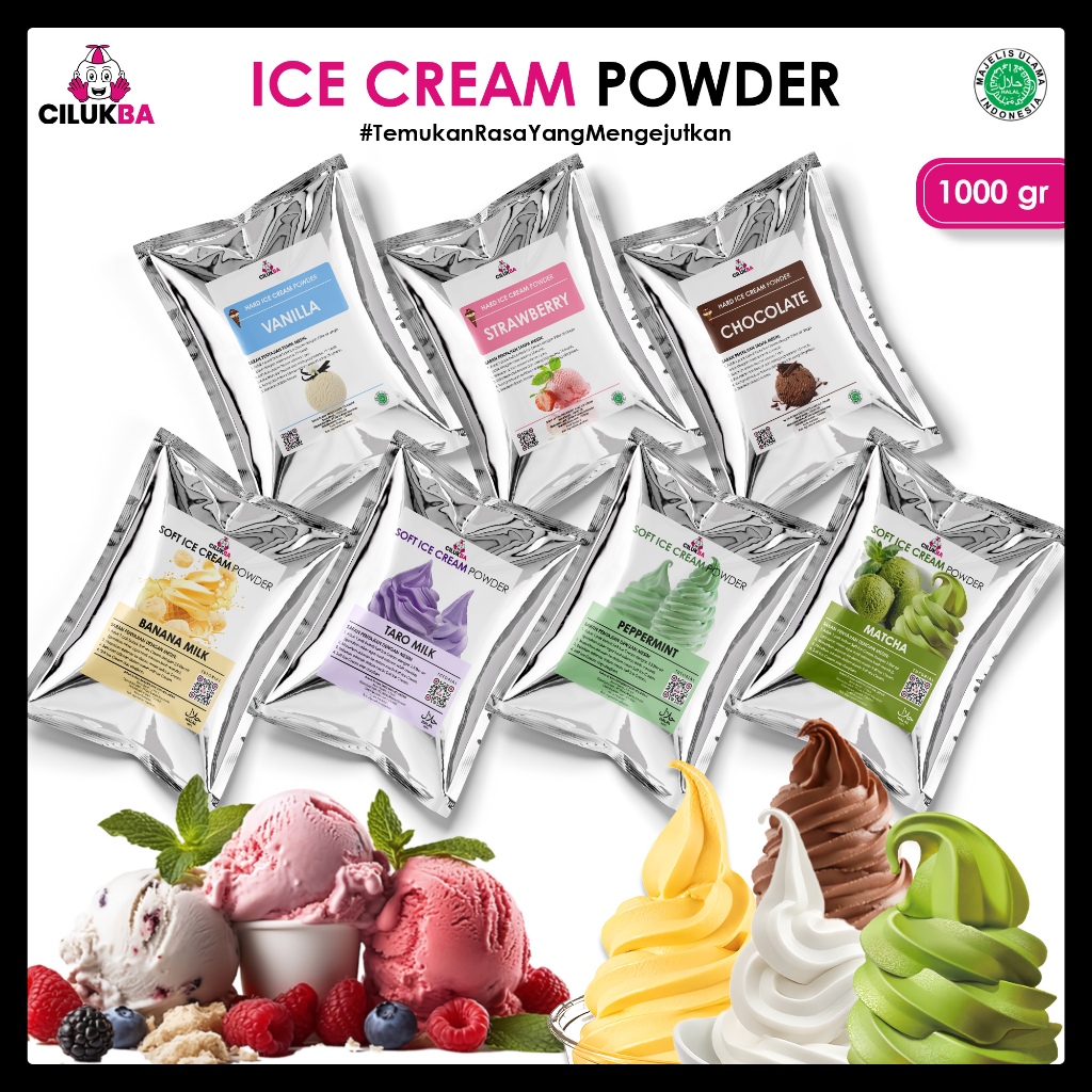 

[SERIES] Bubuk Ice Cream Cokelat, Vanilla, Strawberry, Matcha Soft-Hard Ice Cream Powder 1kg