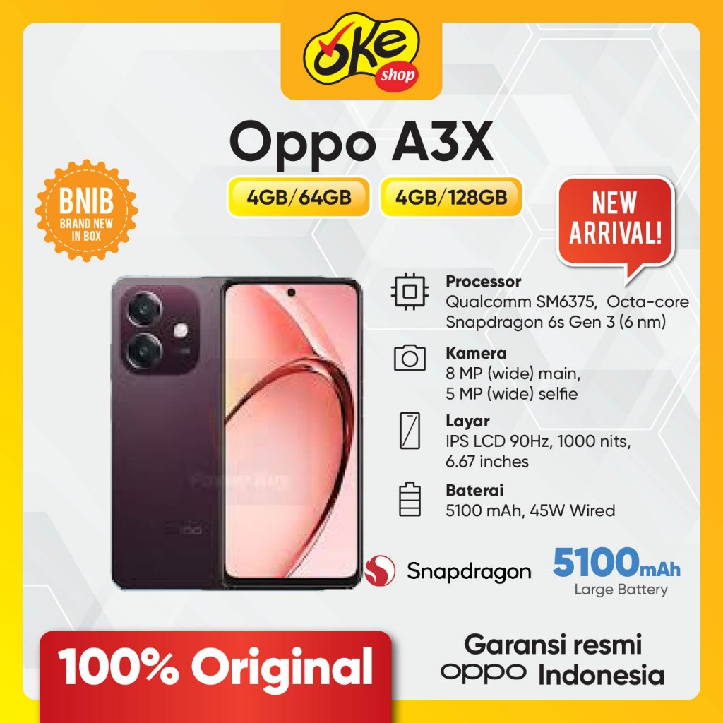 OPPO A3x 4/64GB 4/128GB 6/128GB 45W SUPERVOOC, Qualcomm® Snapdragon® 6s 4G Gen1