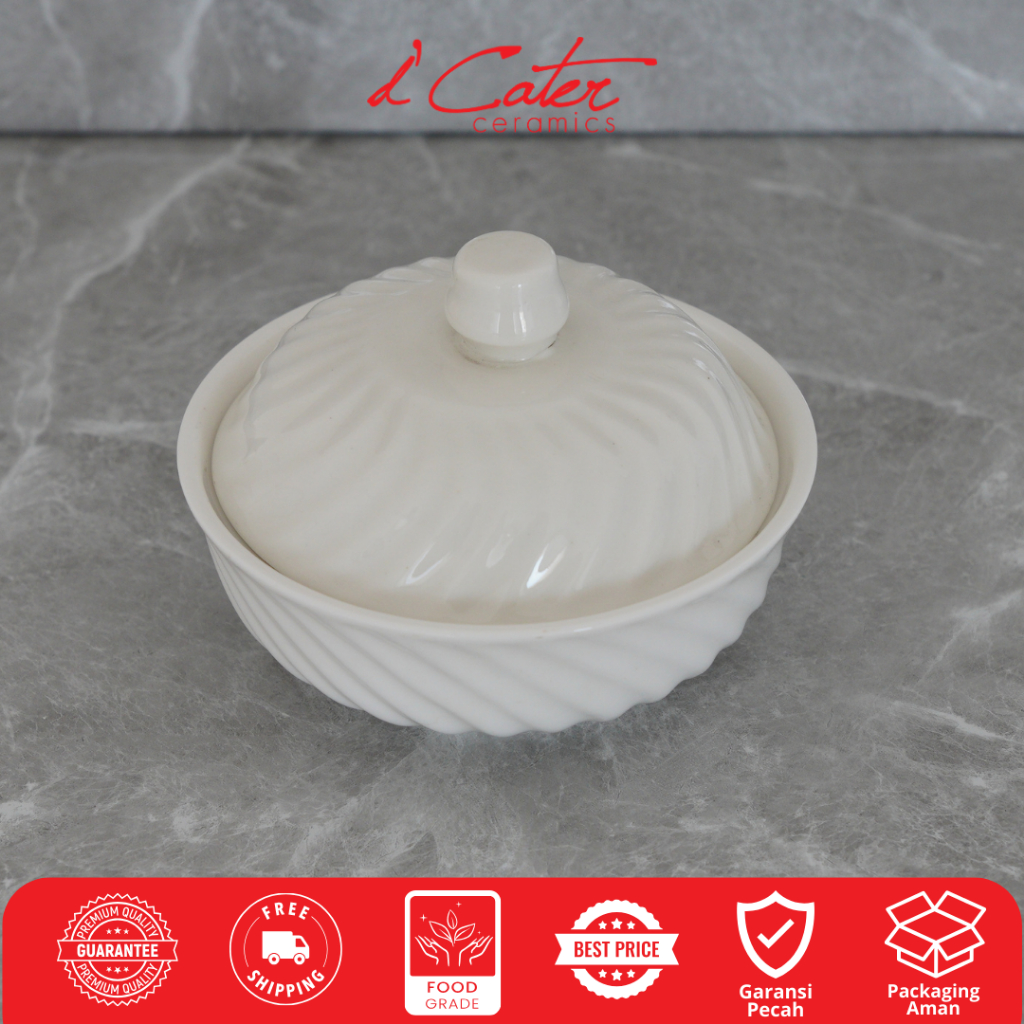 Mangkok Keramik K120 Diameter 11 cm dengan Tutup Mangkok Kecil Tekstur untuk Sayur Bubur Sop Mangkok