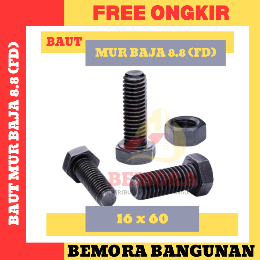 Baut Mur Baja Full Drat (FD) 8.8 M 16 x 60