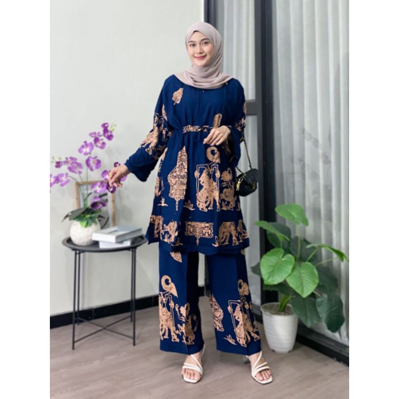 ONE SET WANITA KEKINIAN SETELAN TUNIK WAYANG BUSUI JUMBO RAYON PREMIUM TALI SERUT BATIK HIJAU