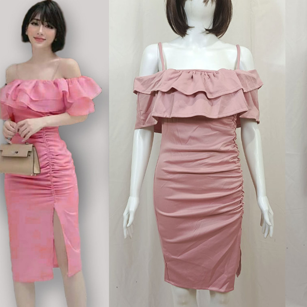 2065 Dress Pink Cantik Model Kekinian Baju LC sexy Wanita Dewasa - Gaun Pesta Bodycon Sabrina Party