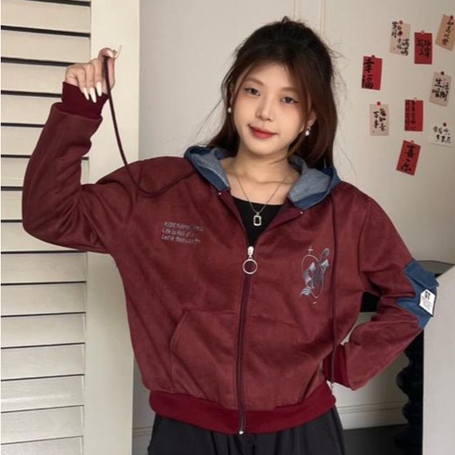 Jaket Bomber Zipper Hoodie Wanita Premium Suede Bludru Ban Kombinasi Denim Allsize - sh