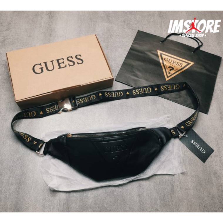 Sangat Nyaman Waist bag GUESS Balck Gold Full set Waistbag pria Guess leather Gold Tas pinggang pria