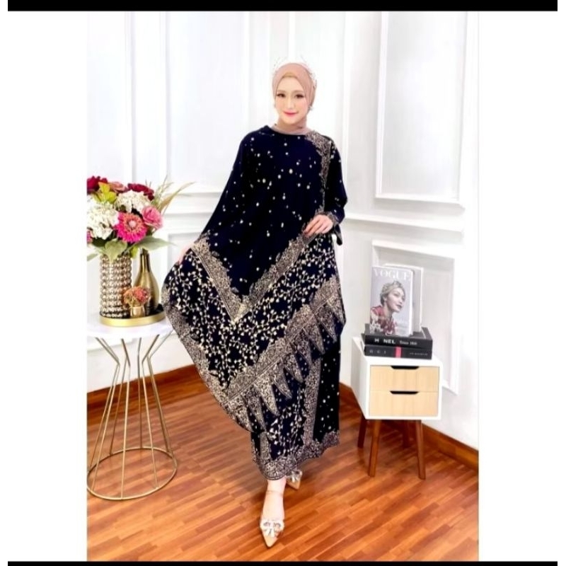 one set dress rok batik cap wajik bunga hitam