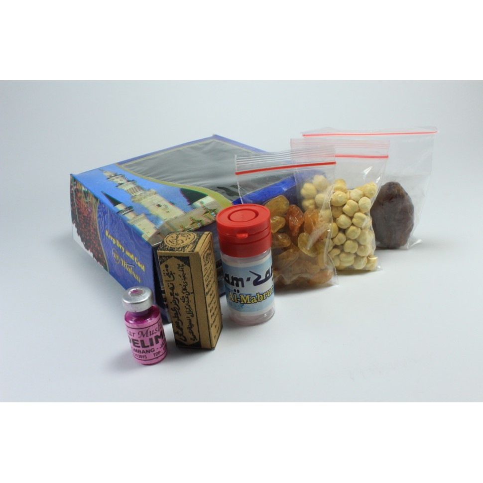 

Paket kardus G Kurma-Botol zam zam 15 ml-k•arab-kismis-pitek-celak-Isi 10