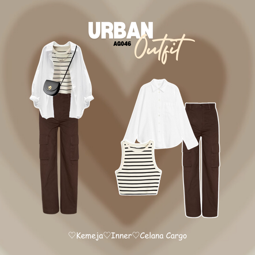 3in1 Outfirt Set Korean Style Setelan Wanita Kekinian Inner Kemeja putih Set Celana Cargo Coklat Out