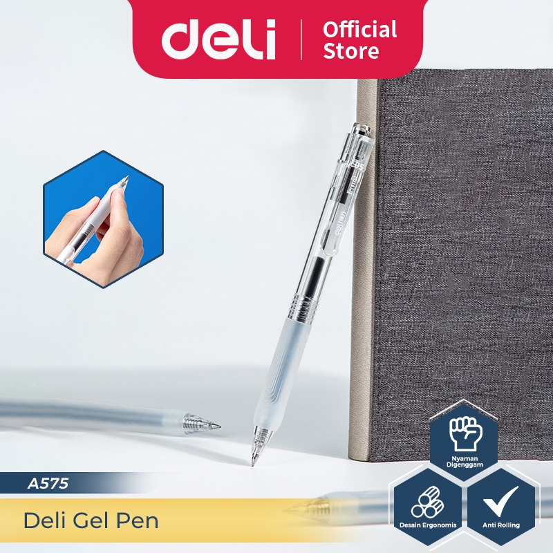 

Deli Gel Pen / Pulpen Gel Retractable Pen Cetek 0.5 mm Tinta Hitam Isi 12 pcs A575-12PCS
