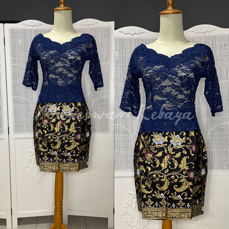 Kebaya Bali Brukat Sabrina Pendek Navy Rok Pendek