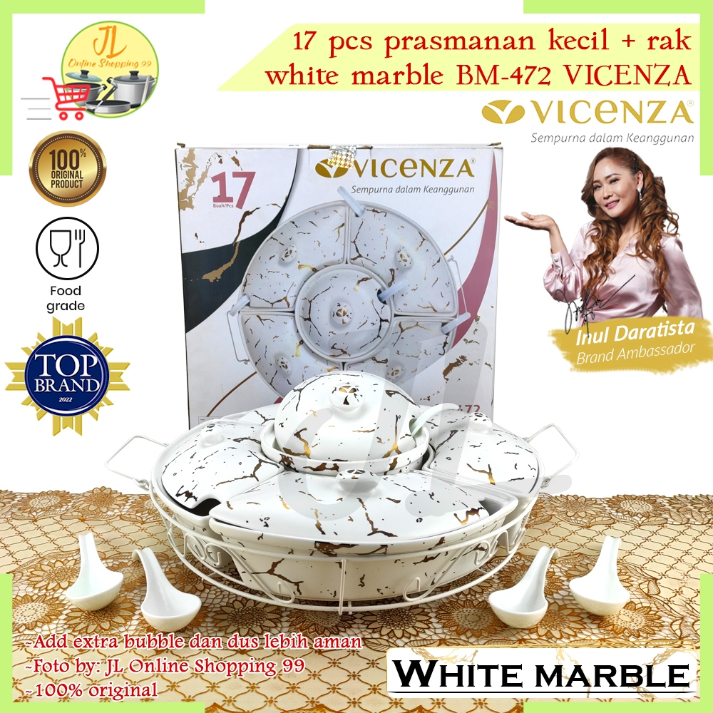 VICENZA 17pcs prasmanan set bulat motif white marble BM-472/ wadah saji putar keramik lengkap + send