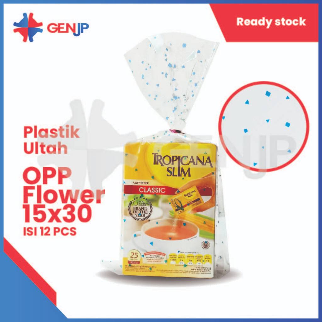 

Plastik OPP/KACA Ultah Motif Pecahan Kaca/Flower Ukuran 15x30cm (Termasuk pita kawat) Varian Merah/Biru/Putih/Kuning 12pcs/Pack