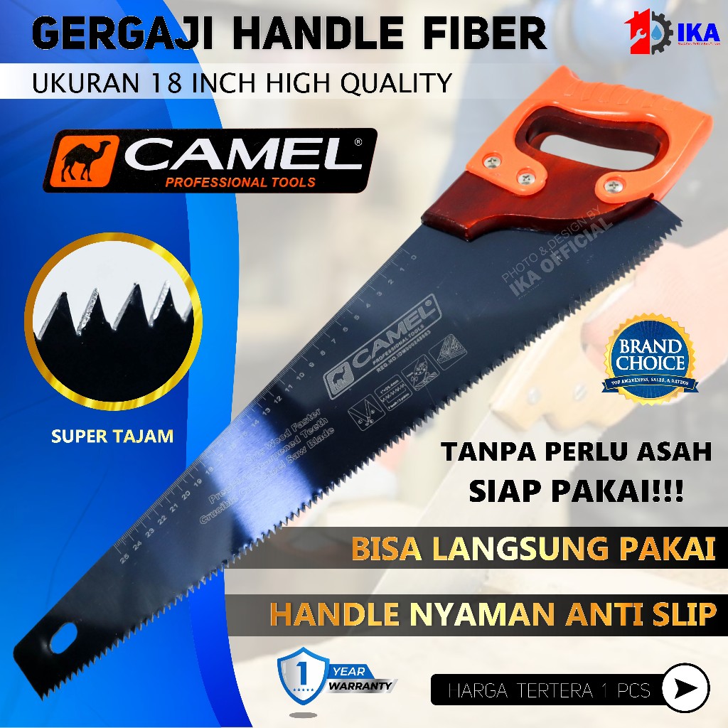 Gergaji Kayu Gagang Karet / Gergaji Kayu Camel 18 / Pemotong Kayu Tajam Camel / gergaji kayu orange