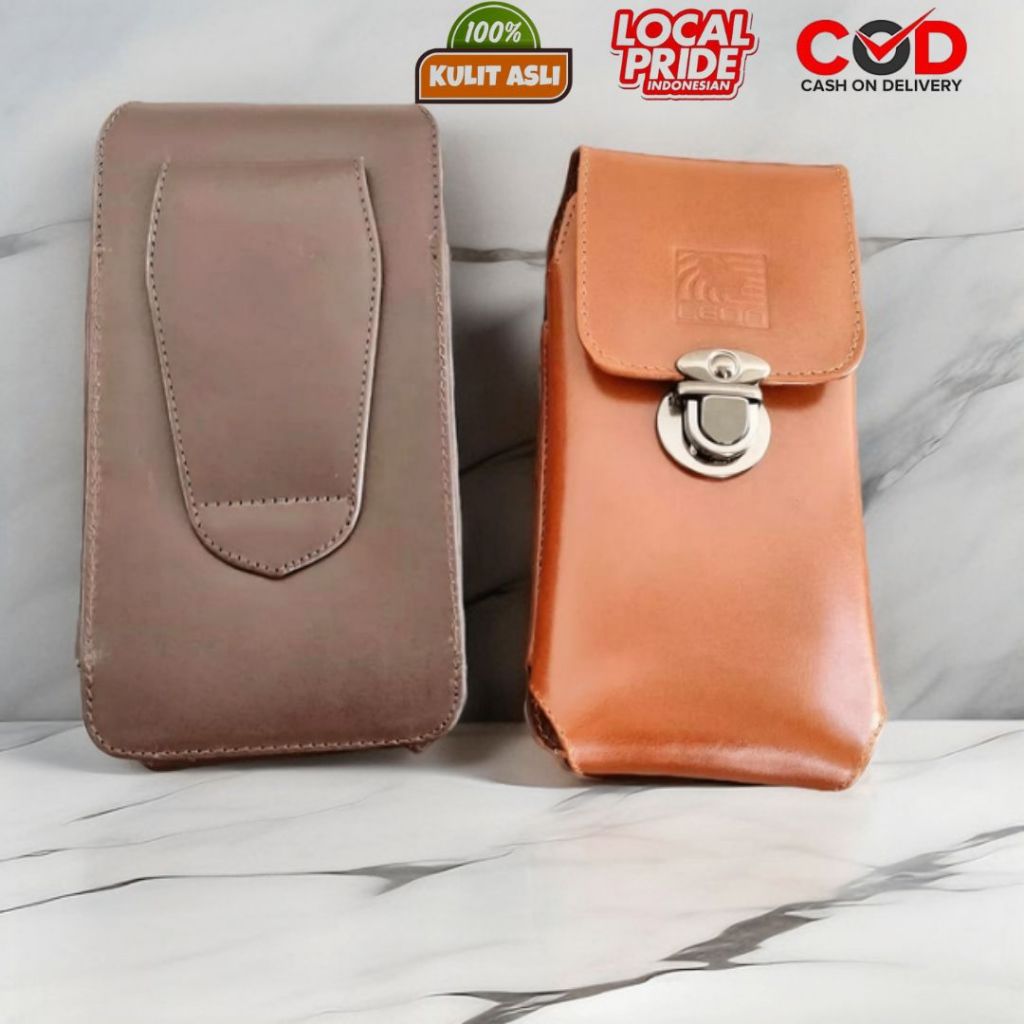 Sarung HP Pinggang Pria Kulit Asli Tas HP Dompet HP 1 Slot Model Kancing