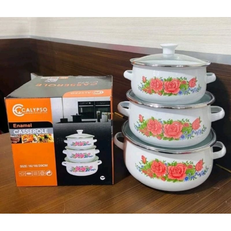 RB Panci Set Enamel Motif Kembang 3 Pcs Tutup Kaca / Panci Bunga 3 Susun