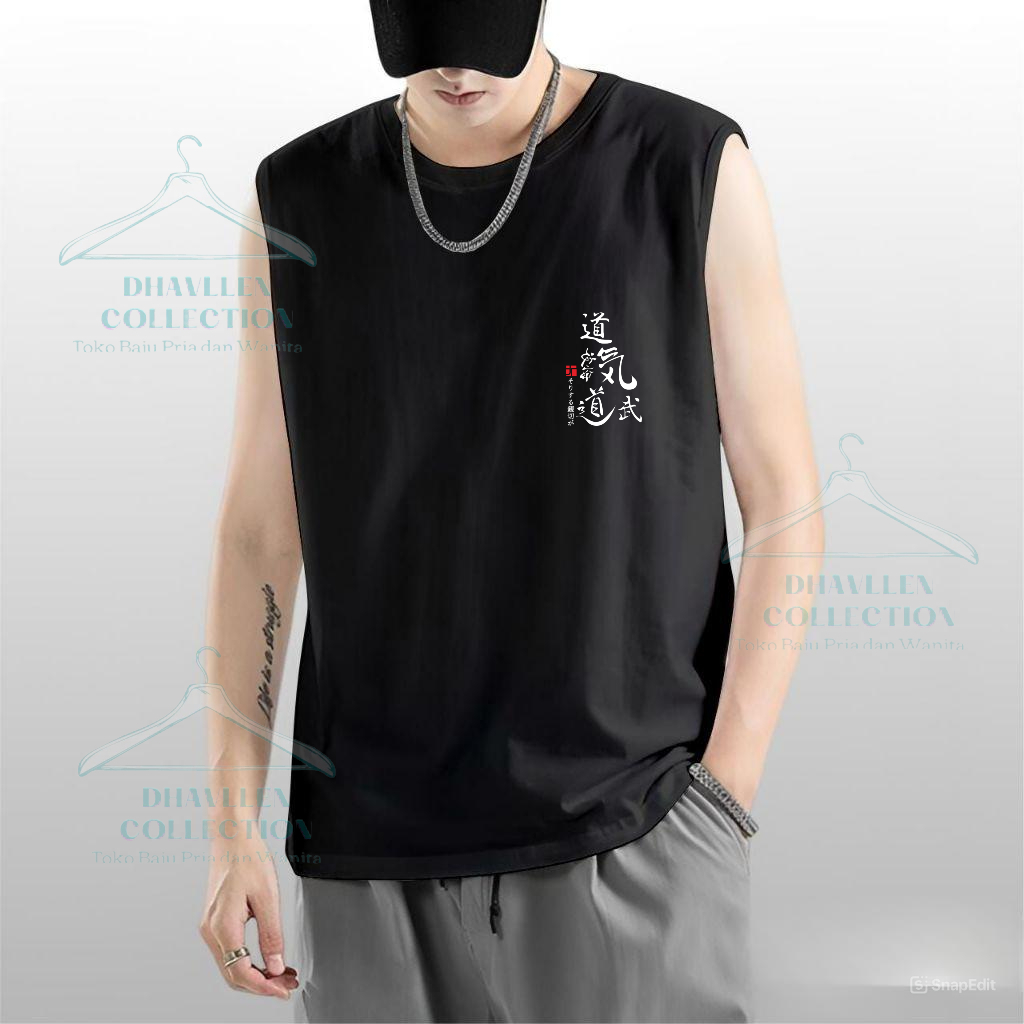 Baju Kaos Singlet Polos Pria Dewasa Gym Santai Motif Kanji Lama / Size M,L,XL,XXL / Kaos Lekbong Pol