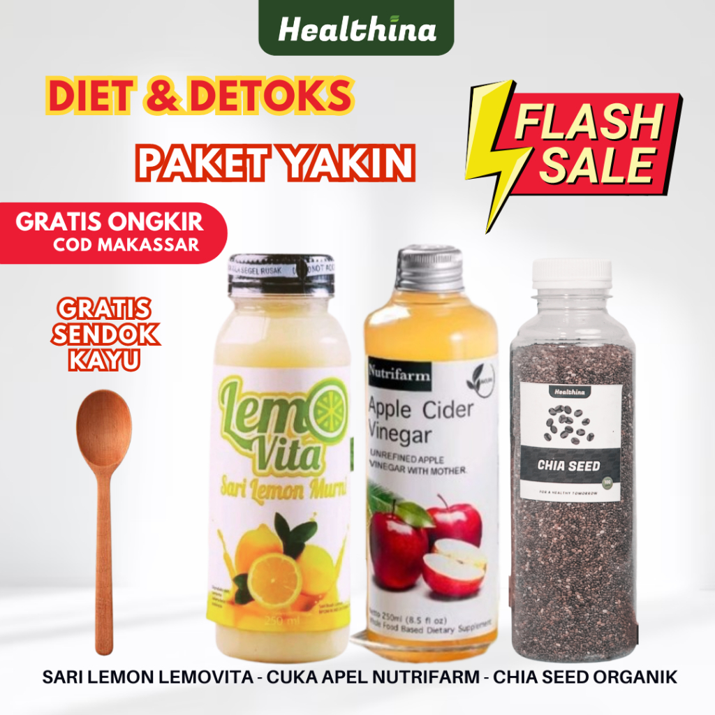 

PAKET YAKIN DETOKS DIET Cuka Apel Nutrifarm Sari lemon lemovita Chia Seed Organic || Organik detox with mother jumbo gratis sendok kayu | cuka apple cod makassar vinegar untuk wajah lansing diet sehat imunitas