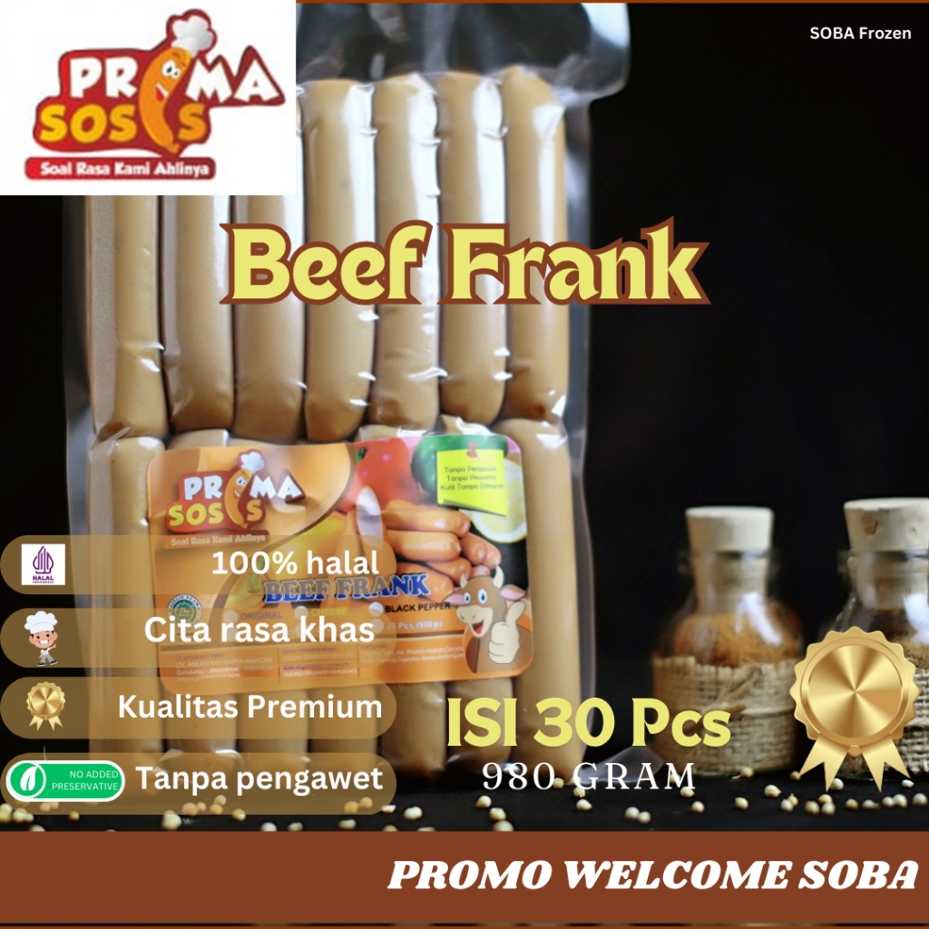 

BeefFrank Sosis sapi premium, primasosis, 100%halal, tanpa pengawet & pewarna