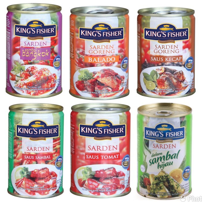 

Sarden Kaleng / Canned Fish King's Fisher / King Fisher Tomat, Sambal, Sambal Bangkok, Sambal Hijau, Goreng Kecap / Soy Sauce, Makarel Tomat, Goreng Balado 425 Gram