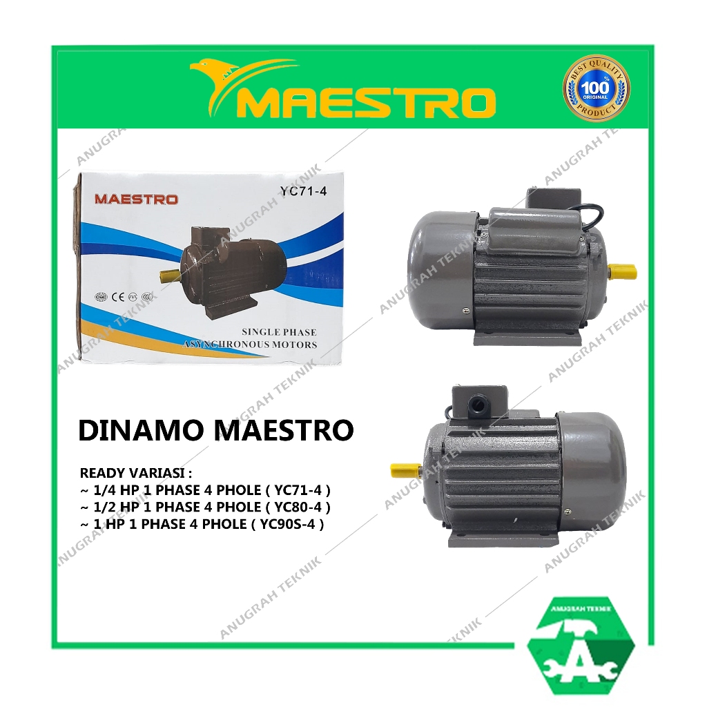 MAESTRO Mesin Penggerak Dinamo 1 HP 1/2 HP 1/4 HP Electric Motor 1 Phase 4 Phole Original