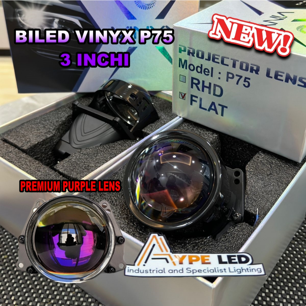ORIGINAL BILED PROJECTOR VINYX P75 3 INCHI BLACK HOUSING PURPLE LENS 60W/70W BILED PROJIE MOTOR MOBI