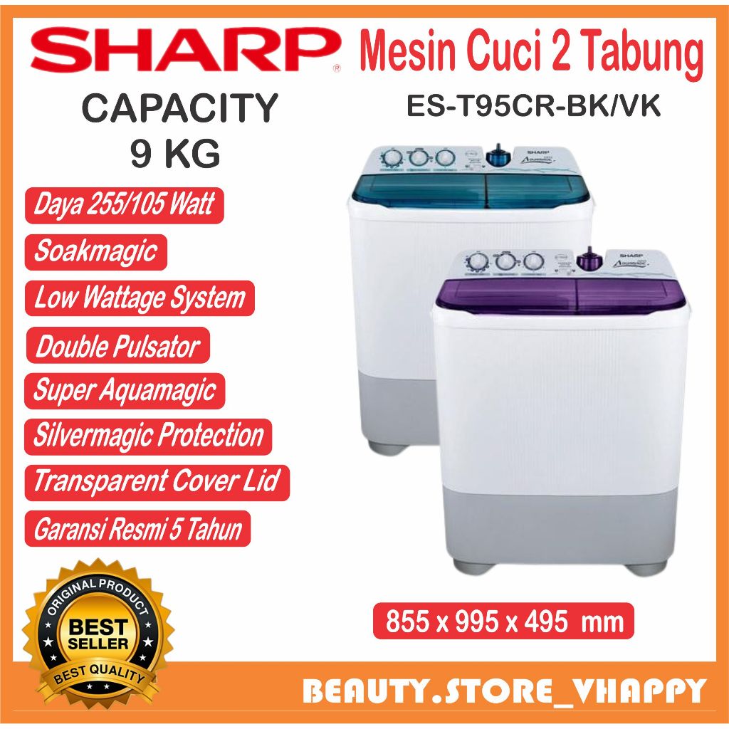 mesin cuci sharp 2 tabung 9kg EST 95 CR barang baru Garansi Resmi