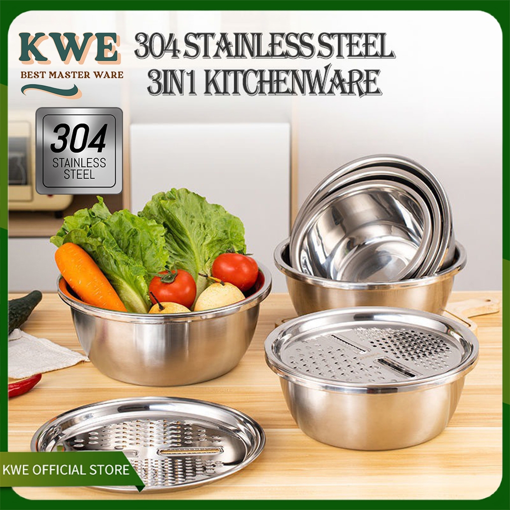 KWE Versi Premium Baskom stainless Set 3IN1 304 stainless Steel  Premium Baskom Parutan Saringan Sta