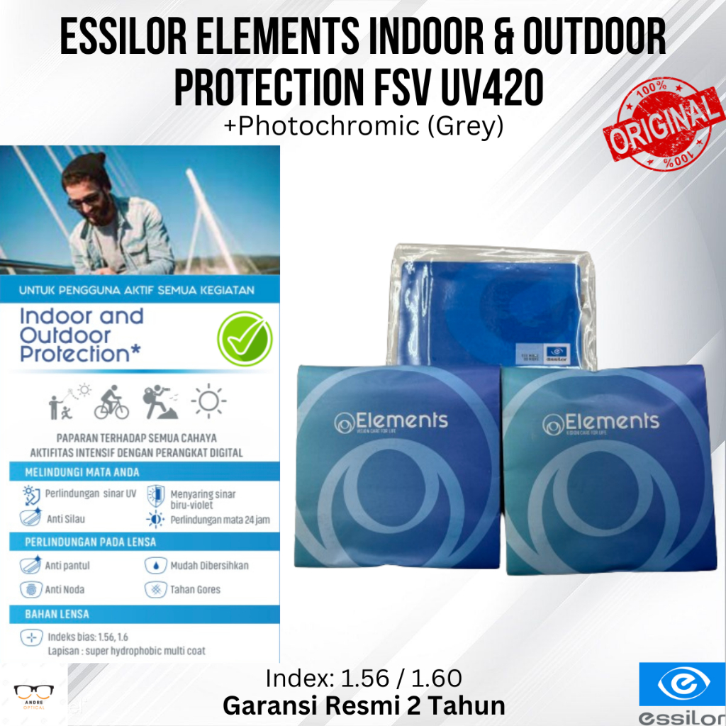 Lensa Kacamata Bluechromic Essilor Elements Indoor & Outdoor FSV 1.56 UV420 + Photochromic Grey