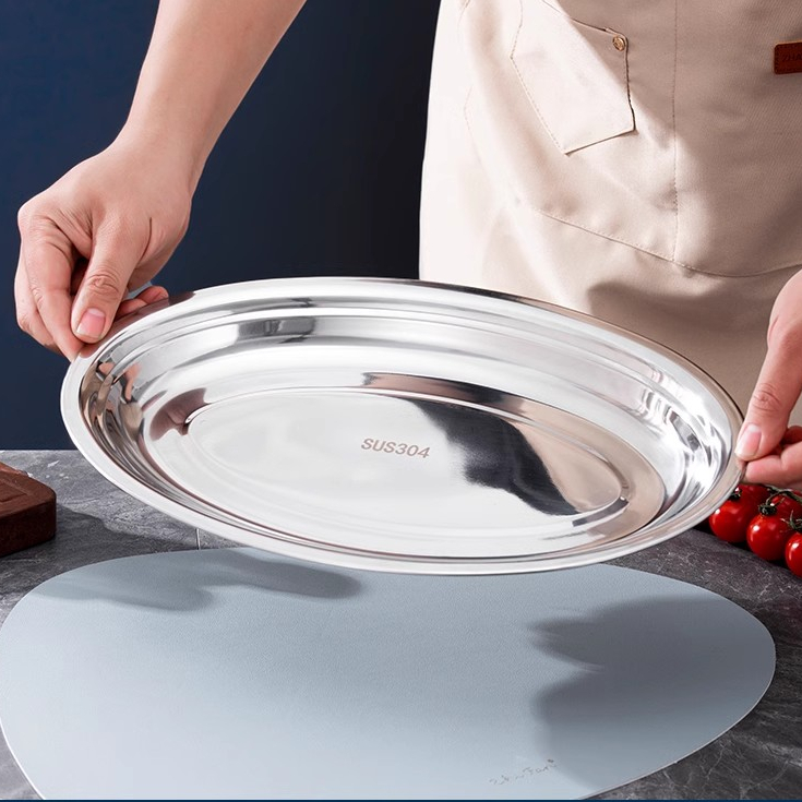 Ollahom Piring Saji Piring Ikan Piring Oval Bulat Stainless Steel 304 Piring Sajian