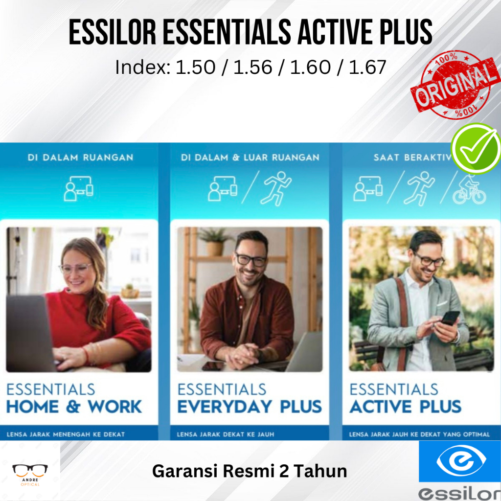 Lensa Kacamata Progresif Anti Blue Ray Essilor Essentials Active 1.67 UV420