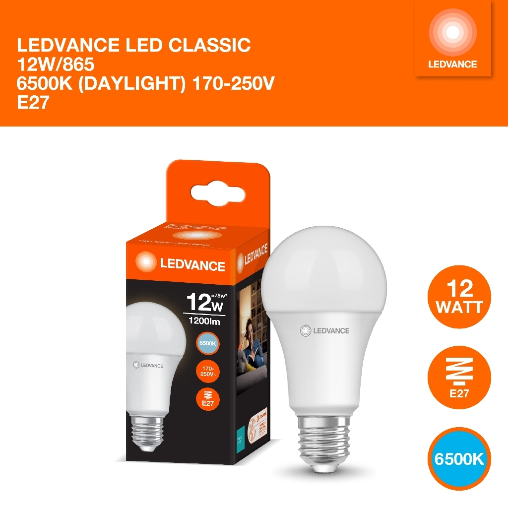Lampu Bohlam LED ledvance Classic 12W, Daylight 6500K, Lumen 1200, Hidupkan Ruangan dengan Cahaya Terang dan Efisien