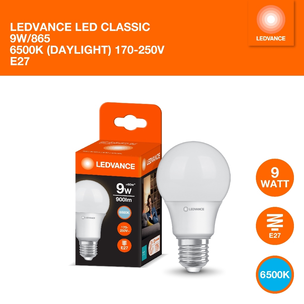 Lampu Bohlam LED ledvance Classic 9W Putih Hangat, Hemat Energi dan Tahan Lama