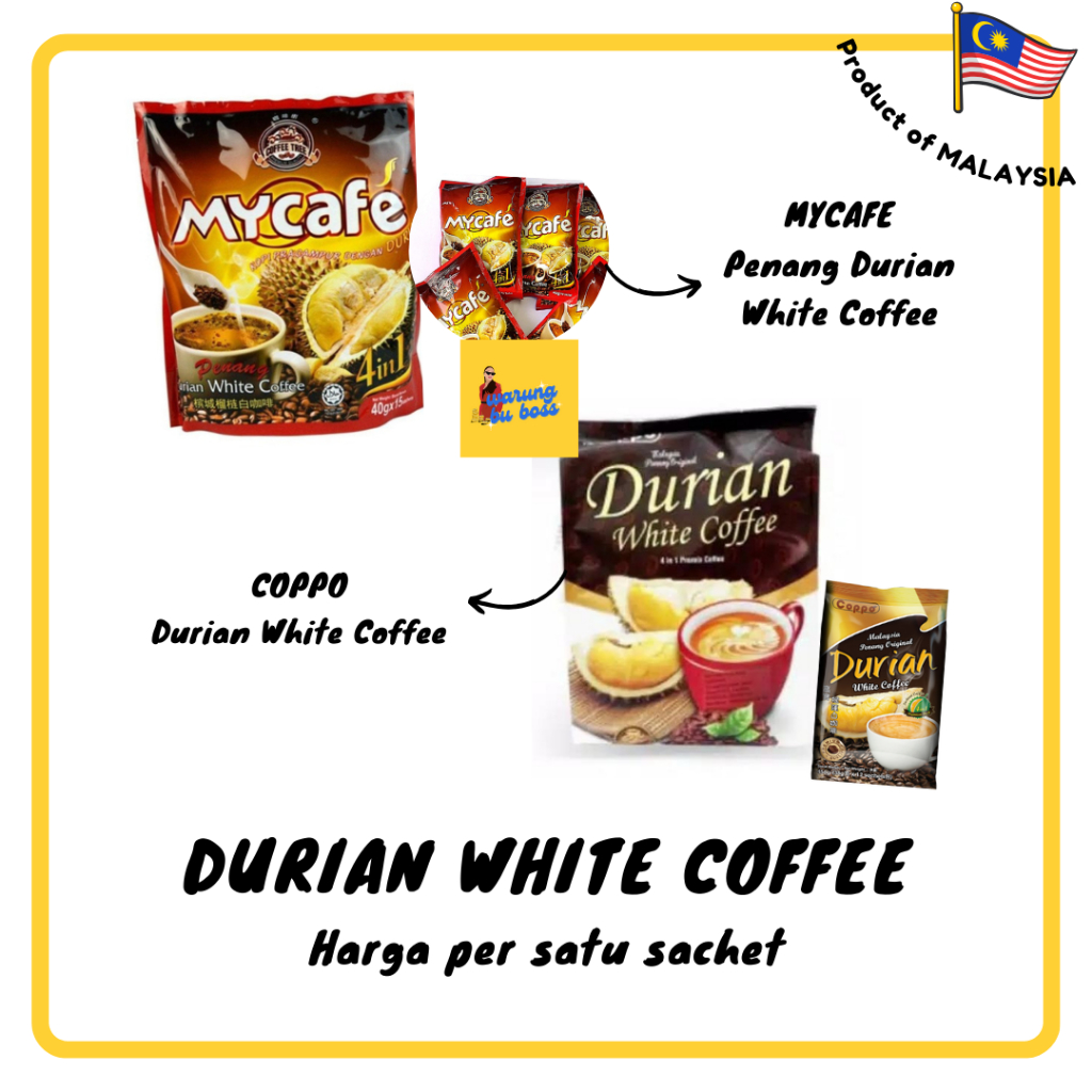 

Malaysia Penang Durian White Coffee MyCafe Coffee Tree Coppo Durian Coffee Eceran Per Sachet
