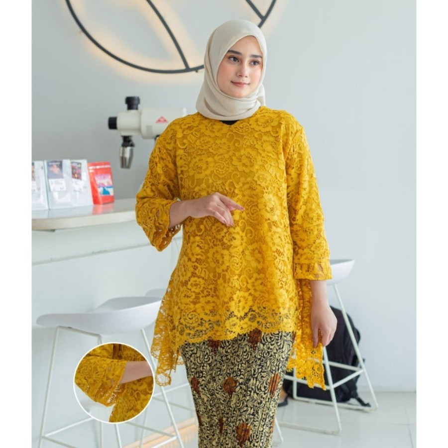 Setelan Kebaya Rinjani Jumbo Ld 130 / Kebaya Brokat Big Size / kebaya modern plisket - kuning