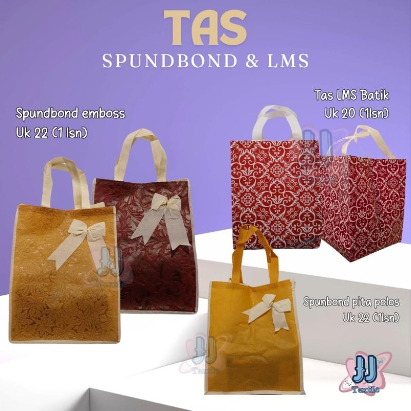 

tas spundbond emboss / tas lms batik / tas seserahan / tas bingkisan / tas hampers / spundbond karakter / spunbond pita / tas haji / tas acara / tas nasi kotak / tas slametan / tas tasyukuran / tas tahlilan / tas sunatan / tas nasi kotak