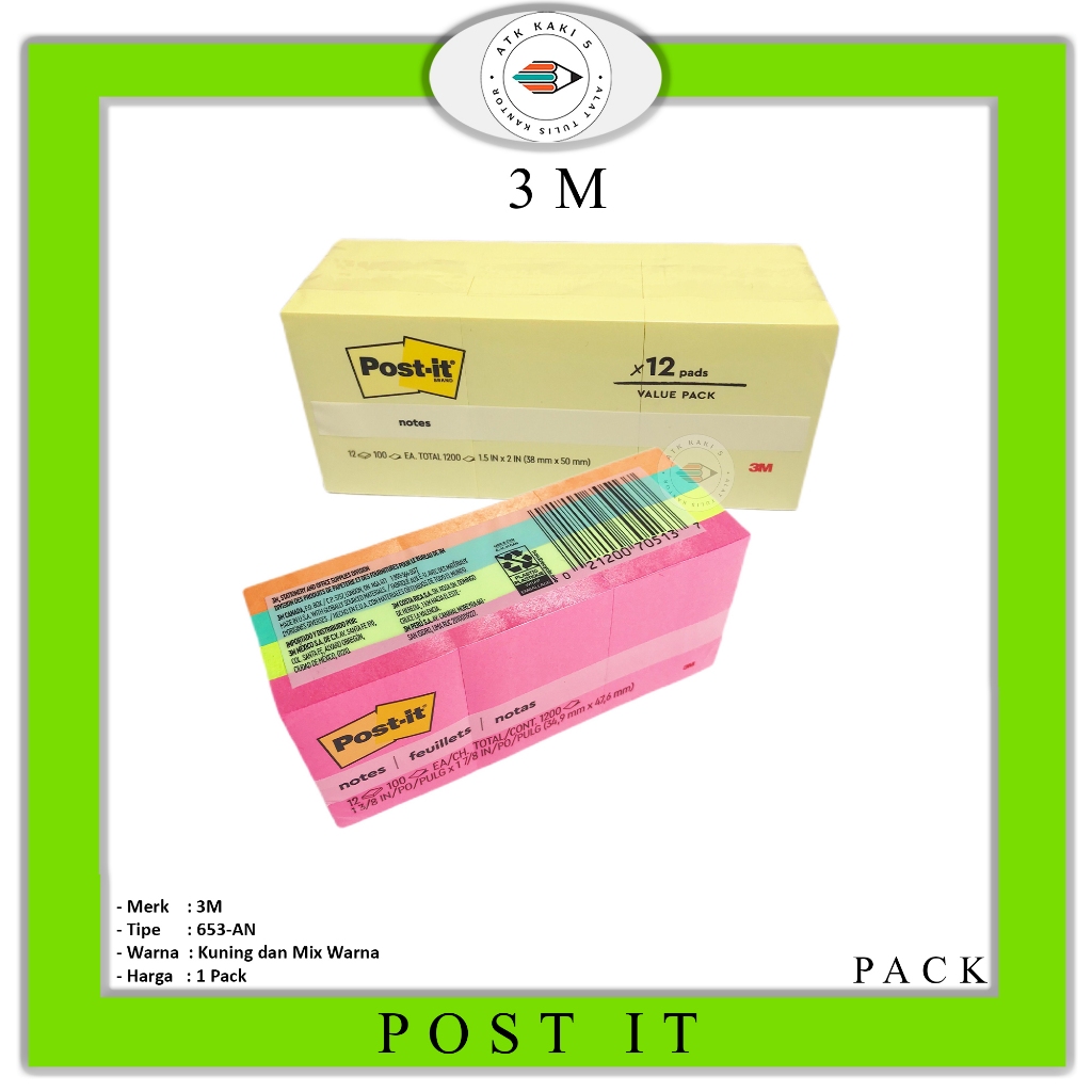 

3M - Post It Sticky Notes 653AN Mix Color & Yellow - Pack