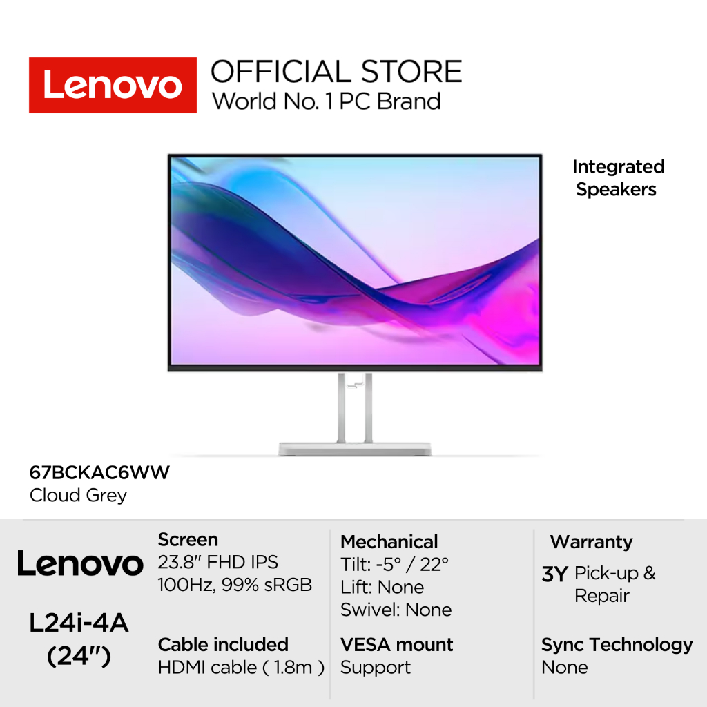 Lenovo Monitor L24i-4A 67BCKAC6WW Cloud Grey 23.8" FHD IPS 250nits max 100Hz 99% sRGB Antiglare 4-si