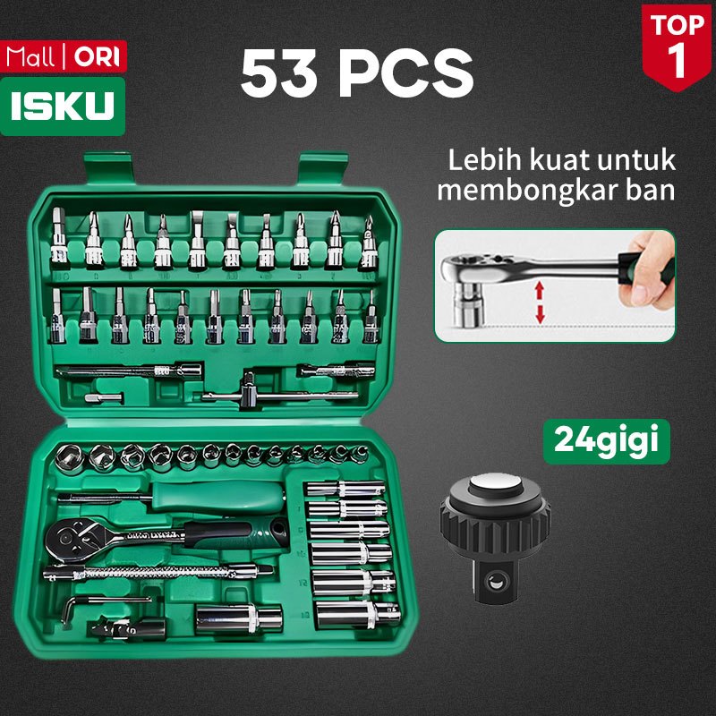 ISKU Tool Kit Kunci Sok Set 53 Pcs 1/4 Inch Ratchet 72 24 Gigi Upgrade 2026 Alat Bengkel Motor Seped