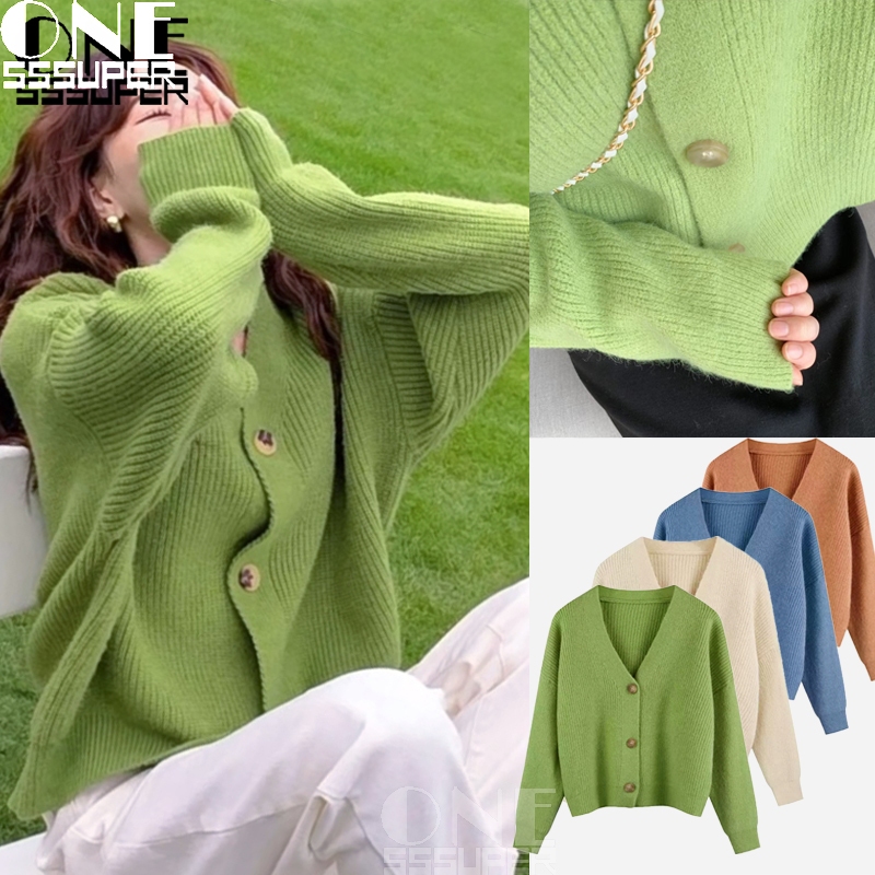 Sweater rajut wanita ala korea sweter rajutan v-neck lengan panjang Jaket rajutan warna solid retro