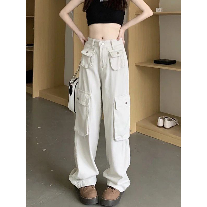CELANA CARGO JEANS KOREAN STYLE KREM PUTIH TULANG/ CELANA CARGO TERBARU