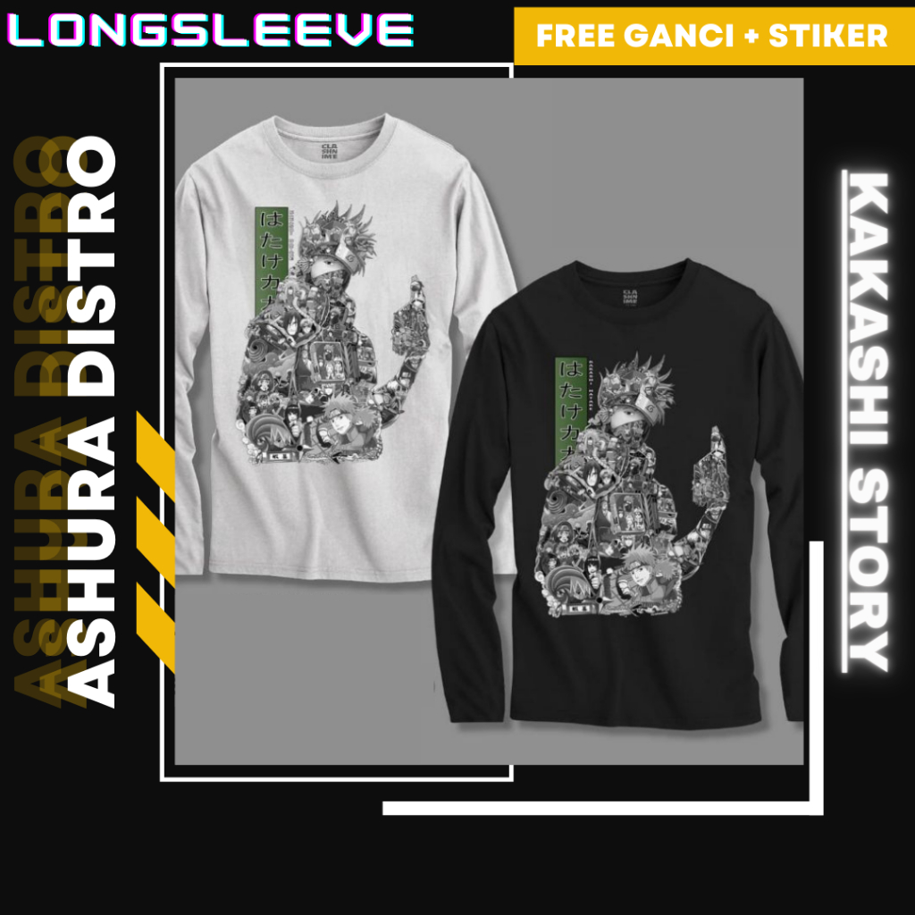 Kaos Anime Longsleeve Kakashi Hatake Hitam Putih Story Naruto Shippuden - Ashura