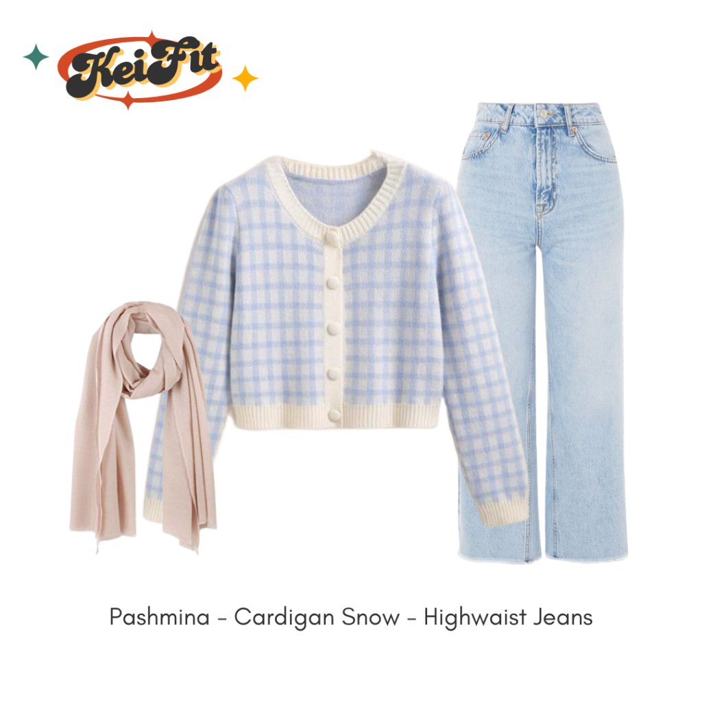 Hikaru One Set Wanita Korean Style | Cardigan Snow + Celana Kulot Jeans + Pashmina | Setelan Ootd Re