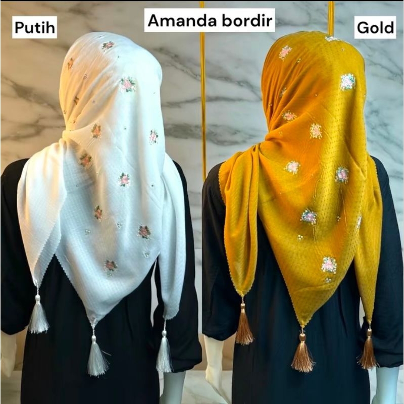 Jilbab segi empat bordir bunga asoka payet miki